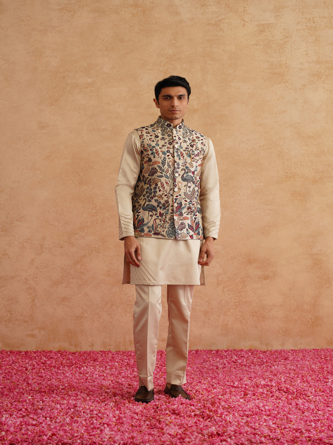 Beige Waistcoat Kurta Set With Multicolor Thread And Sequins Embroidery