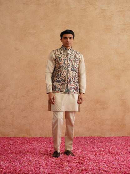 Beige Waistcoat Kurta Set With Multicolor Thread And Sequins Embroidery
