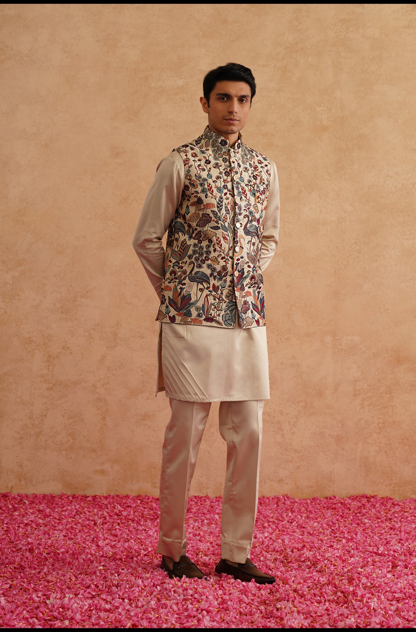 Beige Waistcoat Kurta Set With Multicolor Thread And Sequins Embroidery