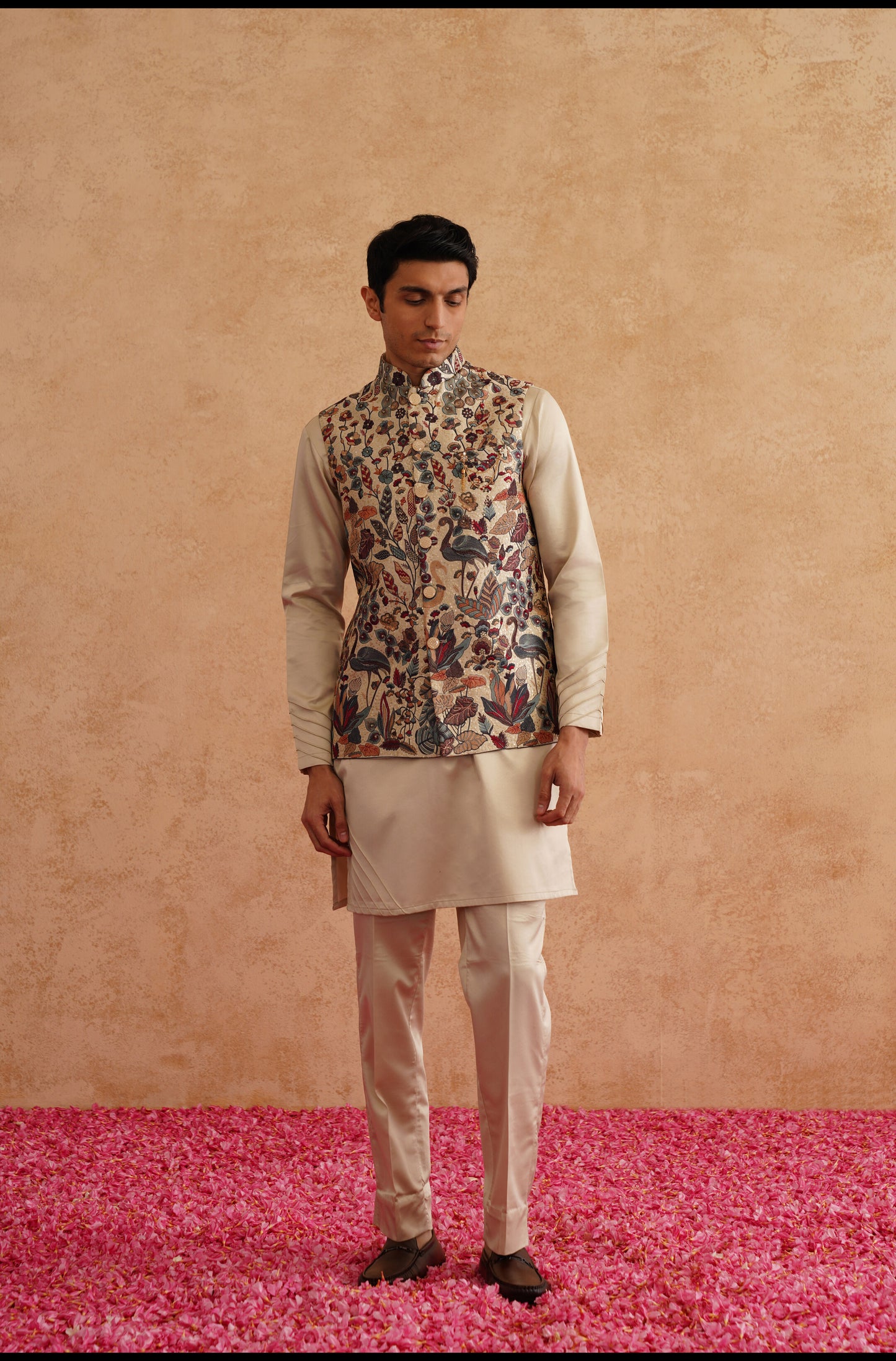 Beige Waistcoat Kurta Set With Multicolor Thread And Sequins Embroidery