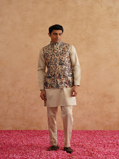 Beige Waistcoat Kurta Set With Multicolor Thread And Sequins Embroidery