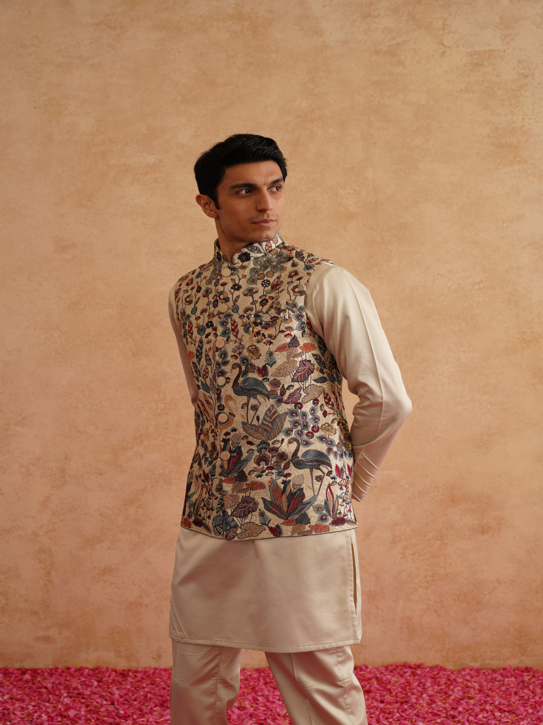 Beige Waistcoat Kurta Set With Multicolor Thread And Sequins Embroidery