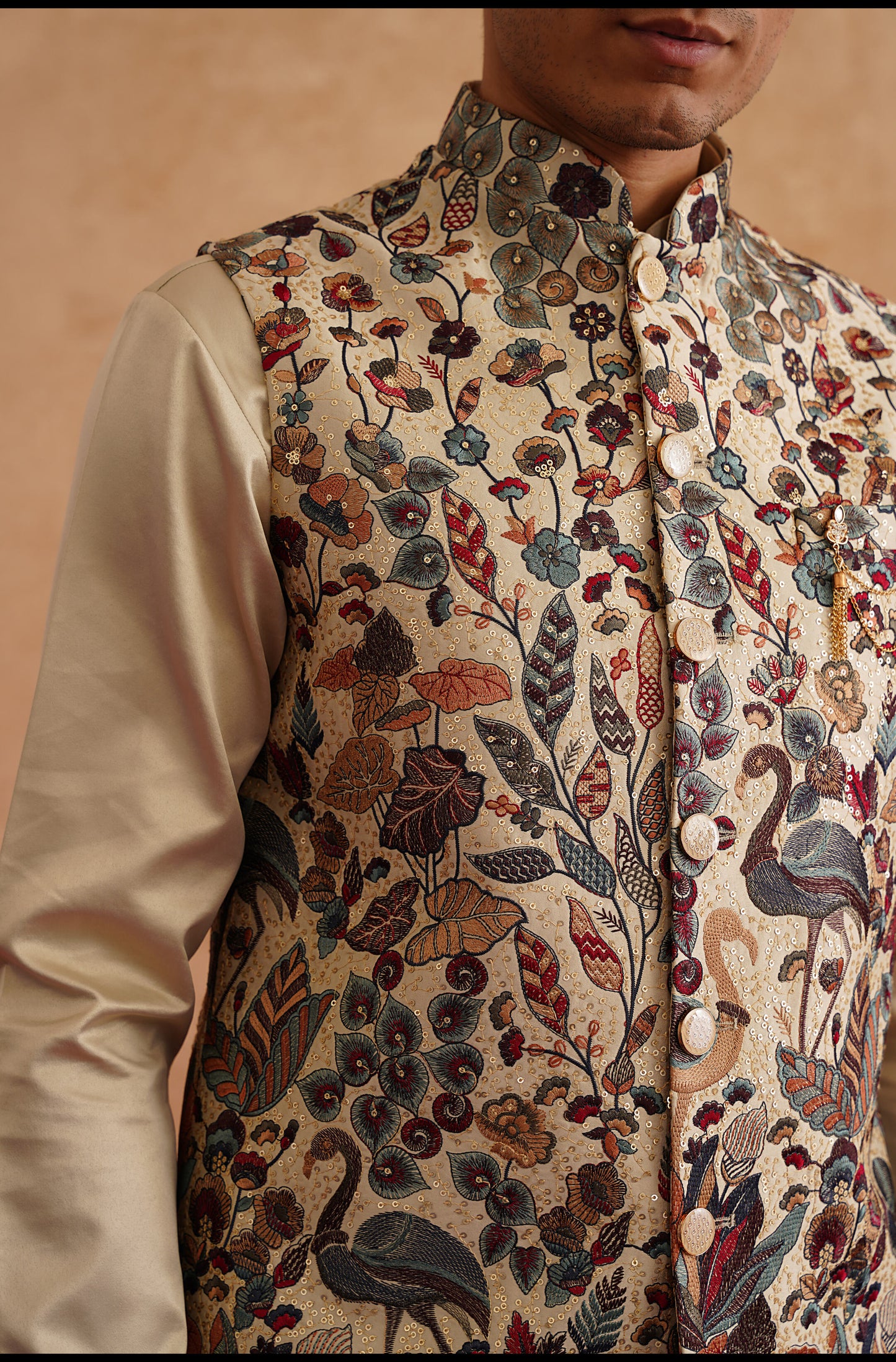 Beige Waistcoat Kurta Set With Multicolor Thread And Sequins Embroidery