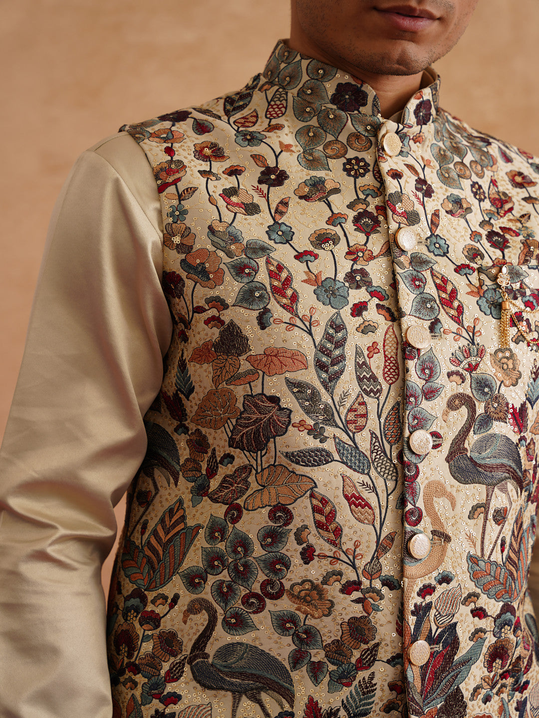 Beige Waistcoat Kurta Set With Multicolor Thread And Sequins Embroidery