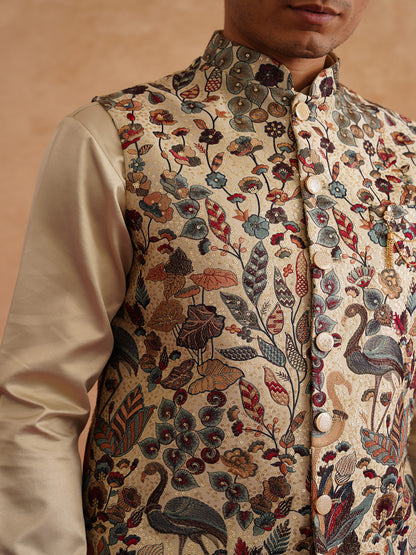 Beige Waistcoat Kurta Set With Multicolor Thread And Sequins Embroidery