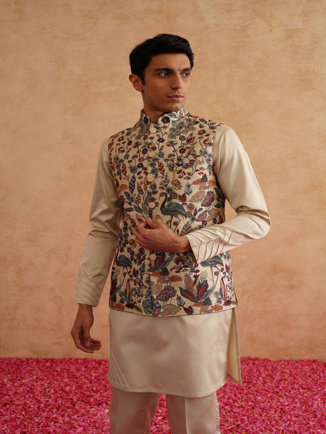 Beige Waistcoat Kurta Set With Multicolor Thread And Sequins Embroidery