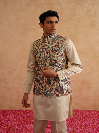 Beige Waistcoat Kurta Set With Multicolor Thread And Sequins Embroidery