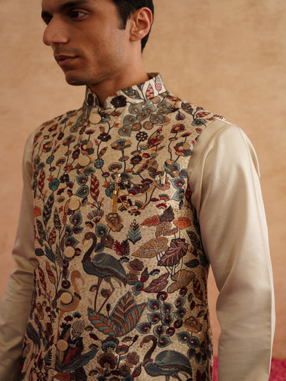 Beige Waistcoat Kurta Set With Multicolor Thread And Sequins Embroidery