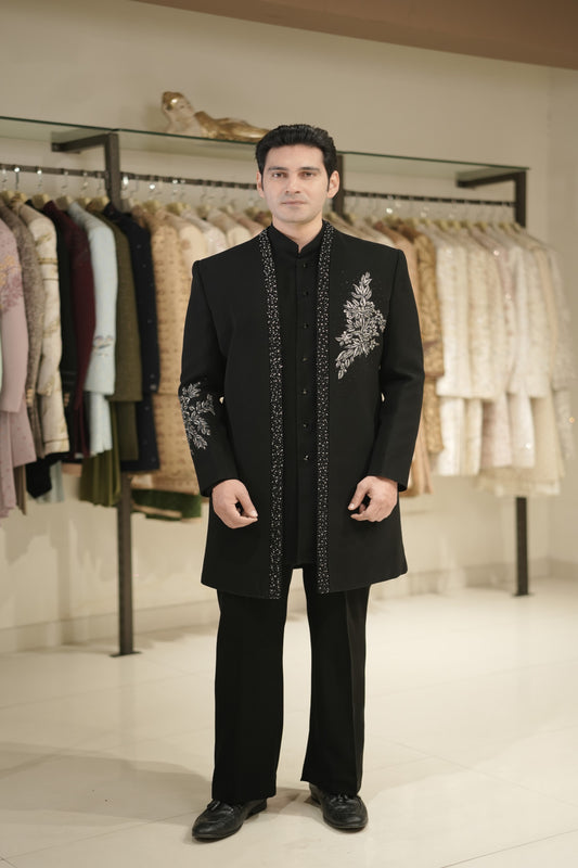 Buy black indo western with silver embroidery online