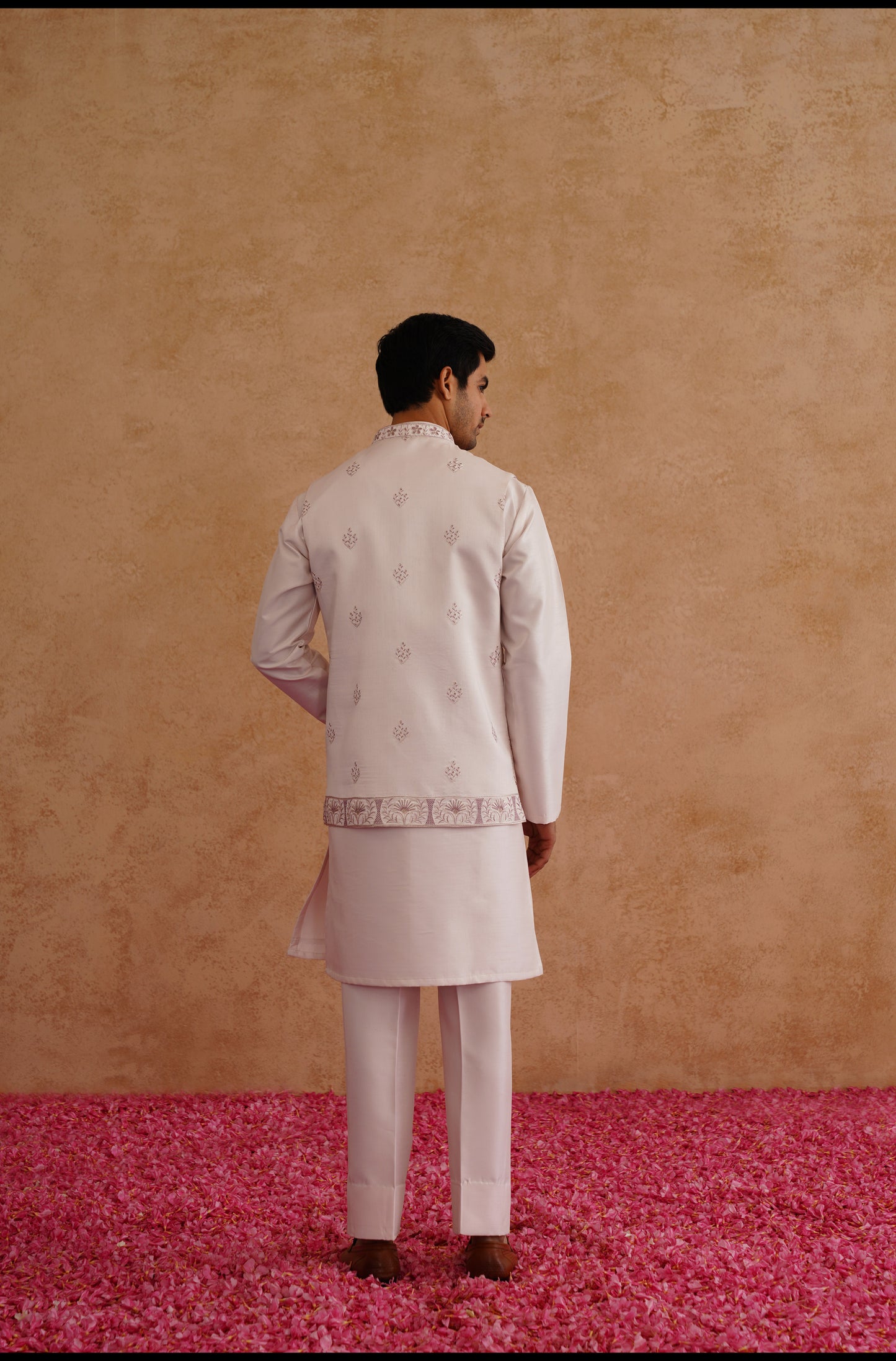 Light Pink Thread And Sequins Embroidered Waistcoat Kurta Set