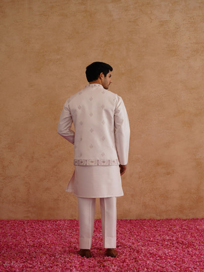 Light Pink Thread And Sequins Embroidered Waistcoat Kurta Set
