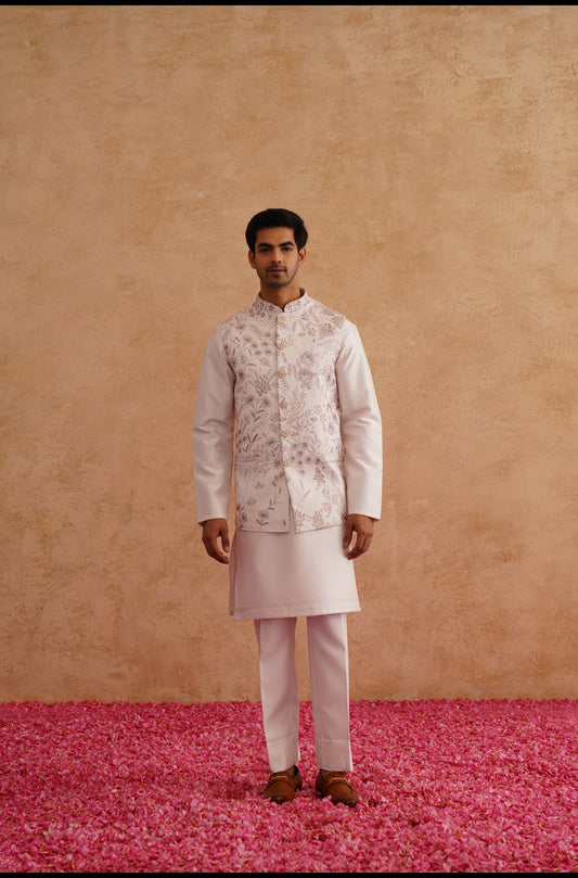 Light Pink Thread And Sequins Embroidered Waistcoat Kurta Set