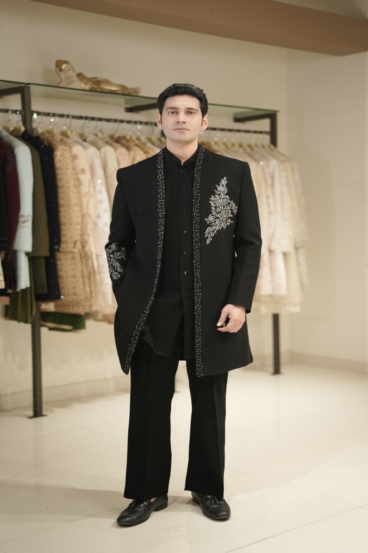 Shop black open Front Jacket indo western online