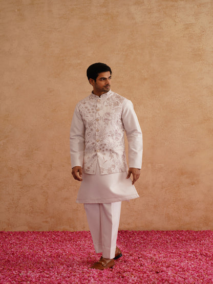 Light Pink Thread And Sequins Embroidered Waistcoat Kurta Set