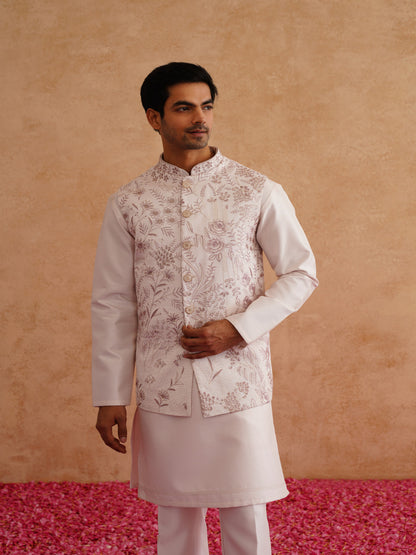 Light Pink Thread And Sequins Embroidered Waistcoat Kurta Set