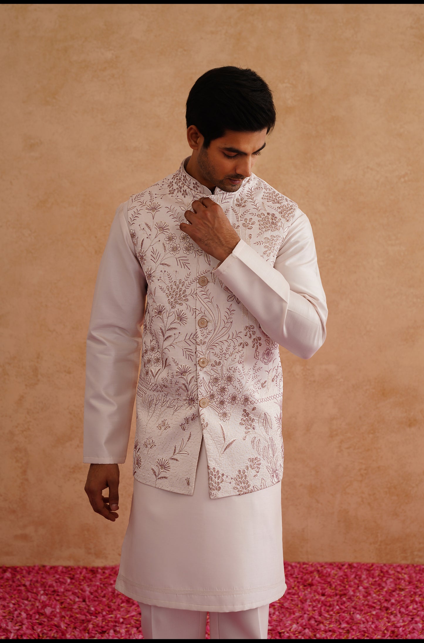 Light Pink Thread And Sequins Embroidered Waistcoat Kurta Set