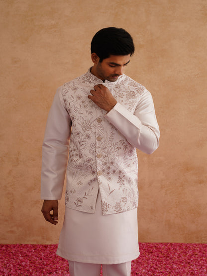Light Pink Thread And Sequins Embroidered Waistcoat Kurta Set