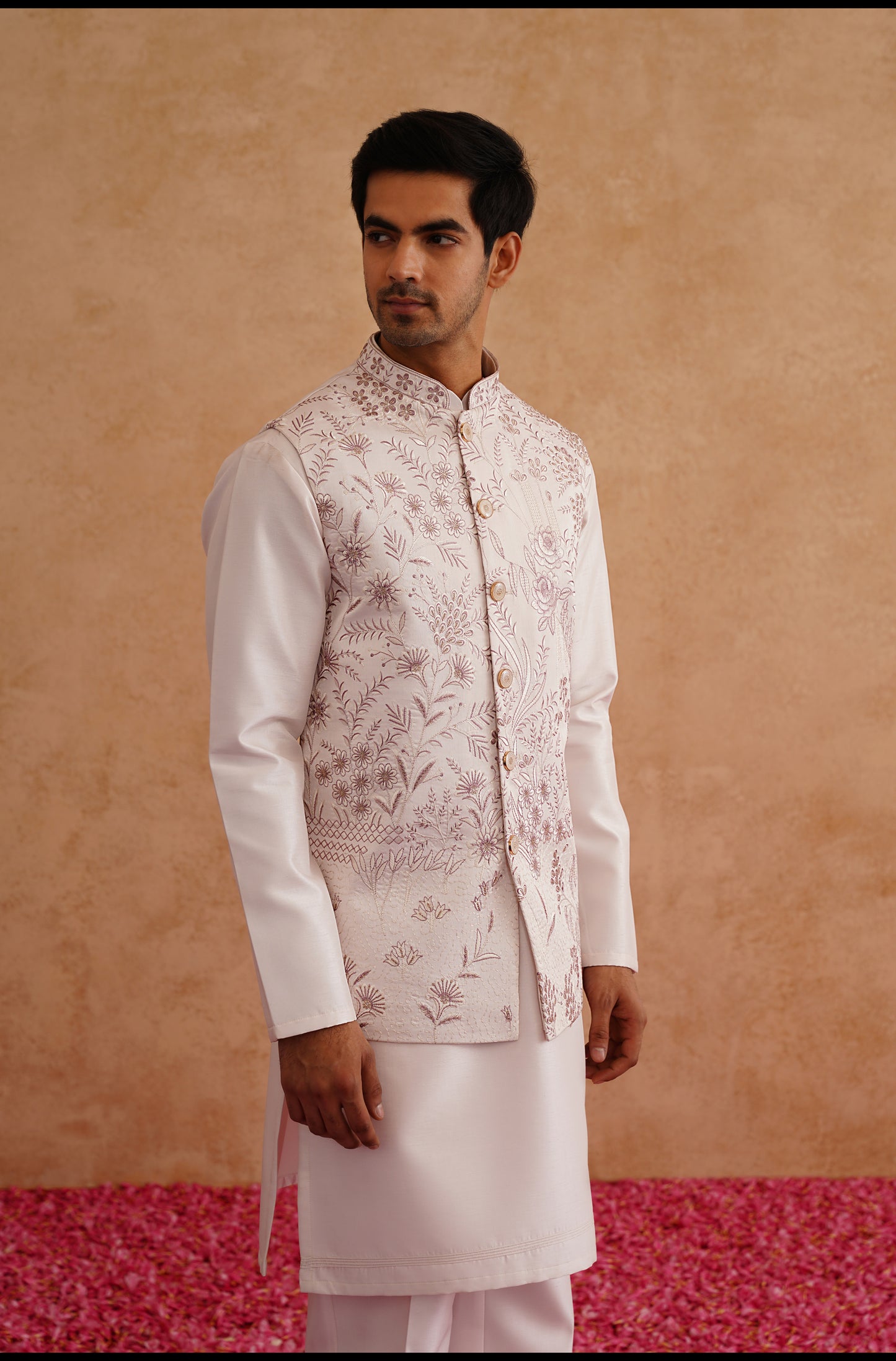 Light Pink Thread And Sequins Embroidered Waistcoat Kurta Set