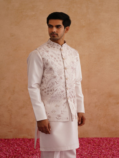 Light Pink Thread And Sequins Embroidered Waistcoat Kurta Set