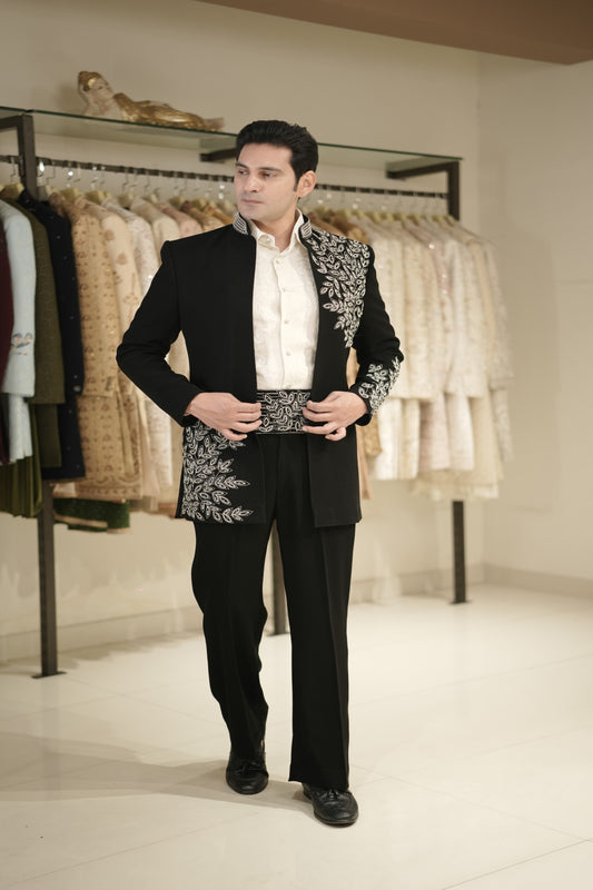 Black Open Front Indowestern Set with Embroidered Cummerbund