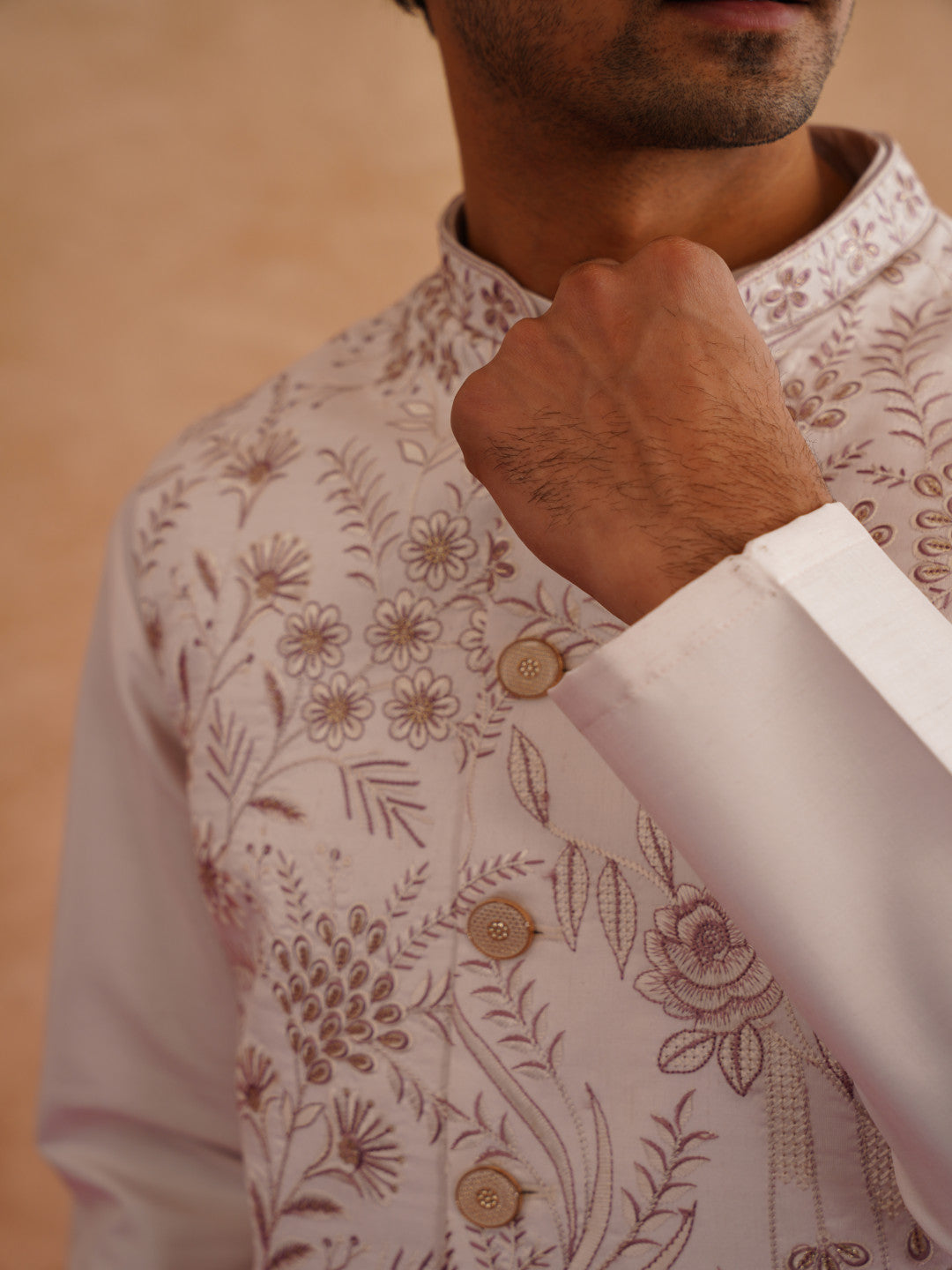 Light Pink Thread And Sequins Embroidered Waistcoat Kurta Set