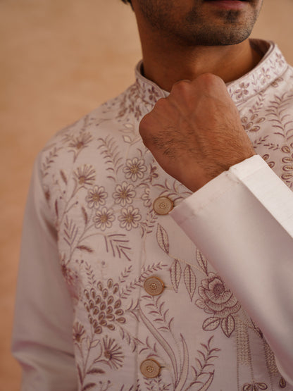 Light Pink Thread And Sequins Embroidered Waistcoat Kurta Set