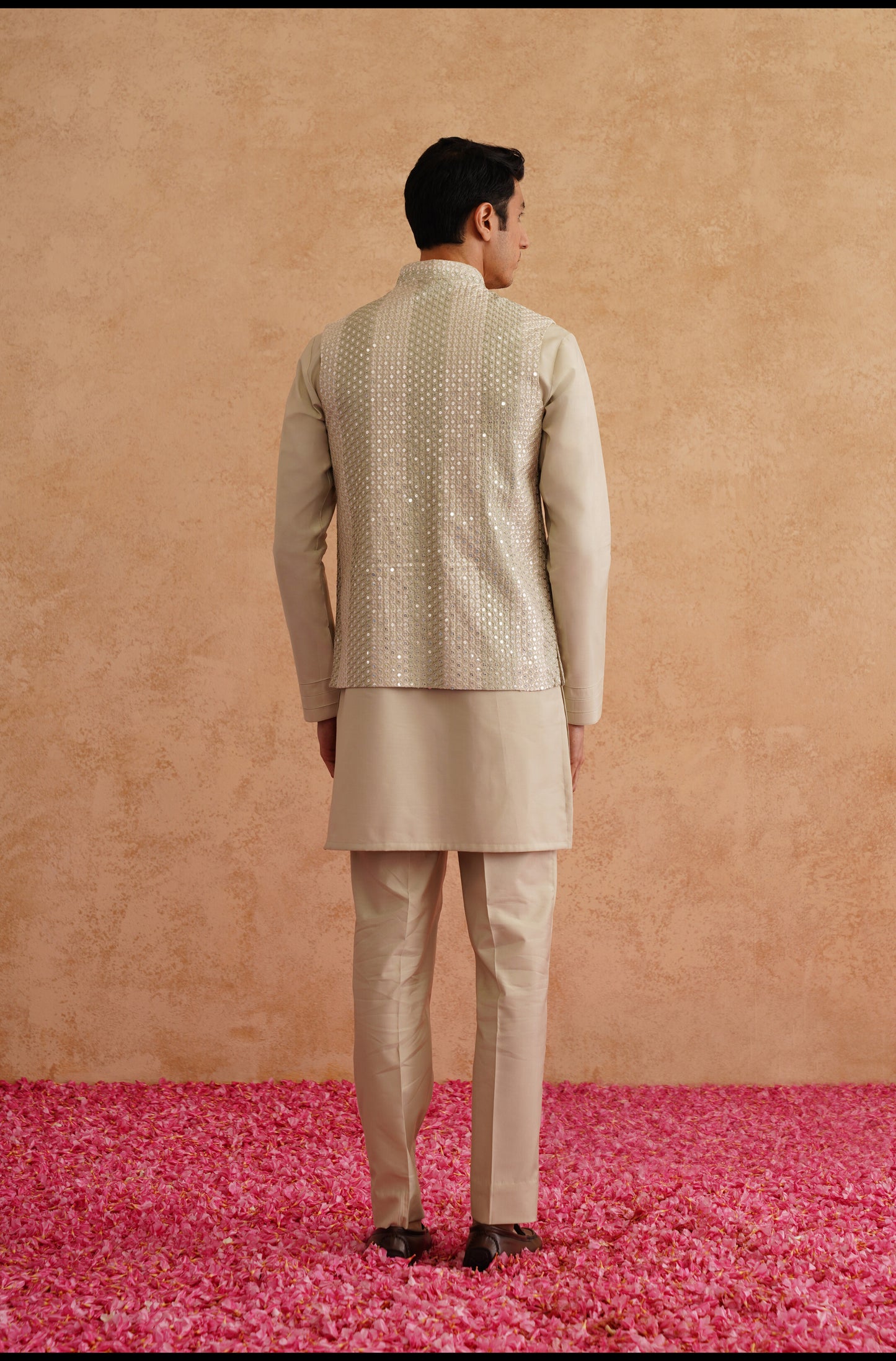 Light Green Sequins And Thread Embroidered Waistcoat Kurta Set