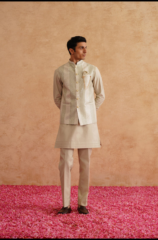 Light Green Sequins And Thread Embroidered Waistcoat Kurta Set