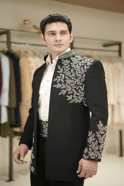 Black Open Front Indowestern Set with Embroidered Cummerbund