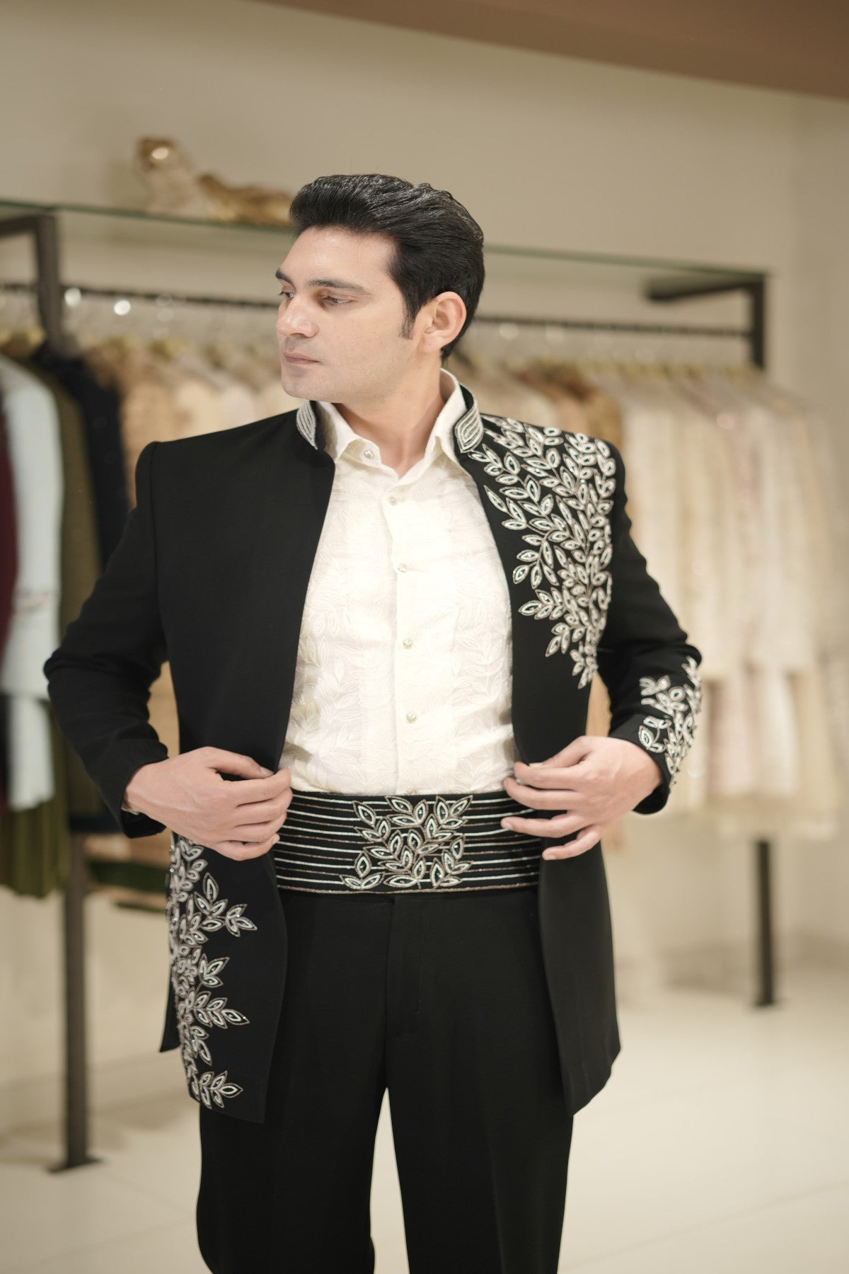 Black Open Front Indowestern Set with Embroidered Cummerbund