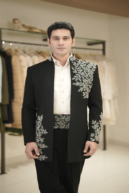 Black Open Front Indowestern Set with Embroidered Cummerbund