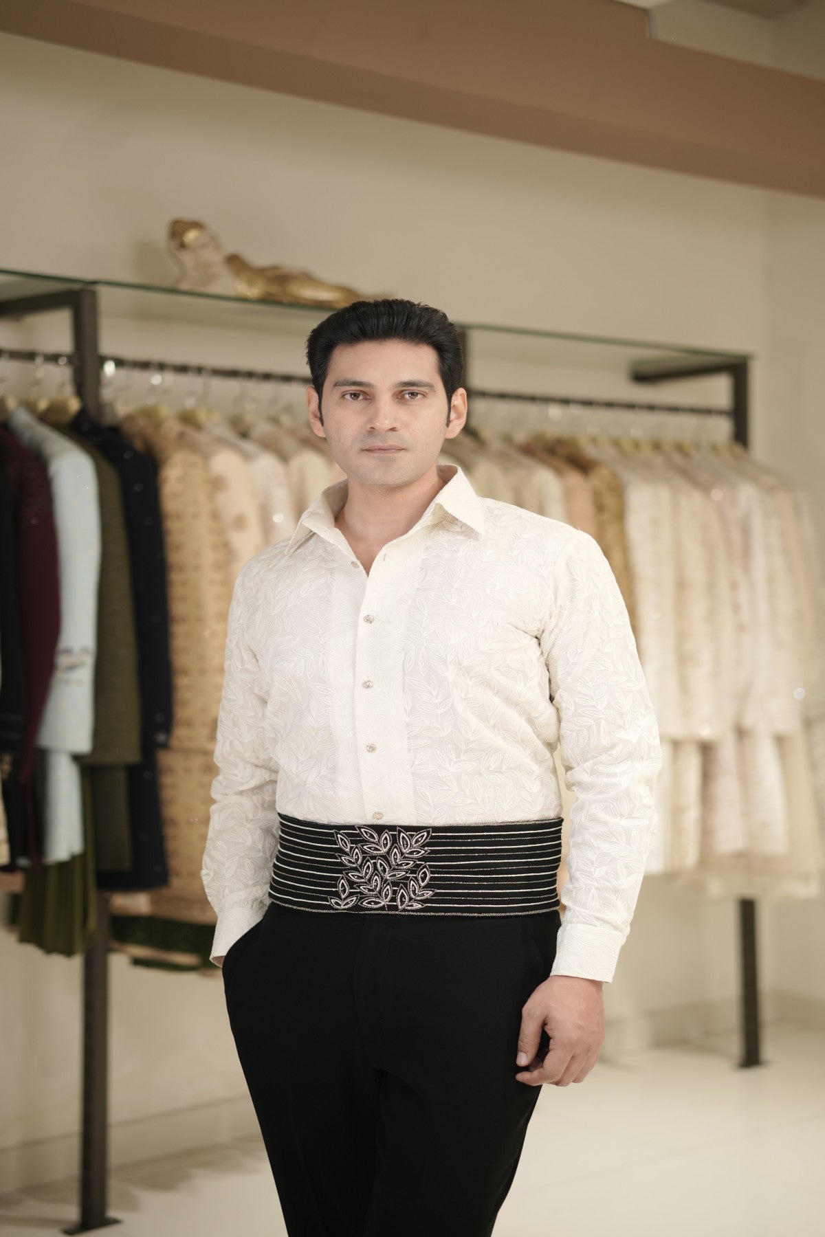 Black Open Front Indowestern Set with Embroidered Cummerbund