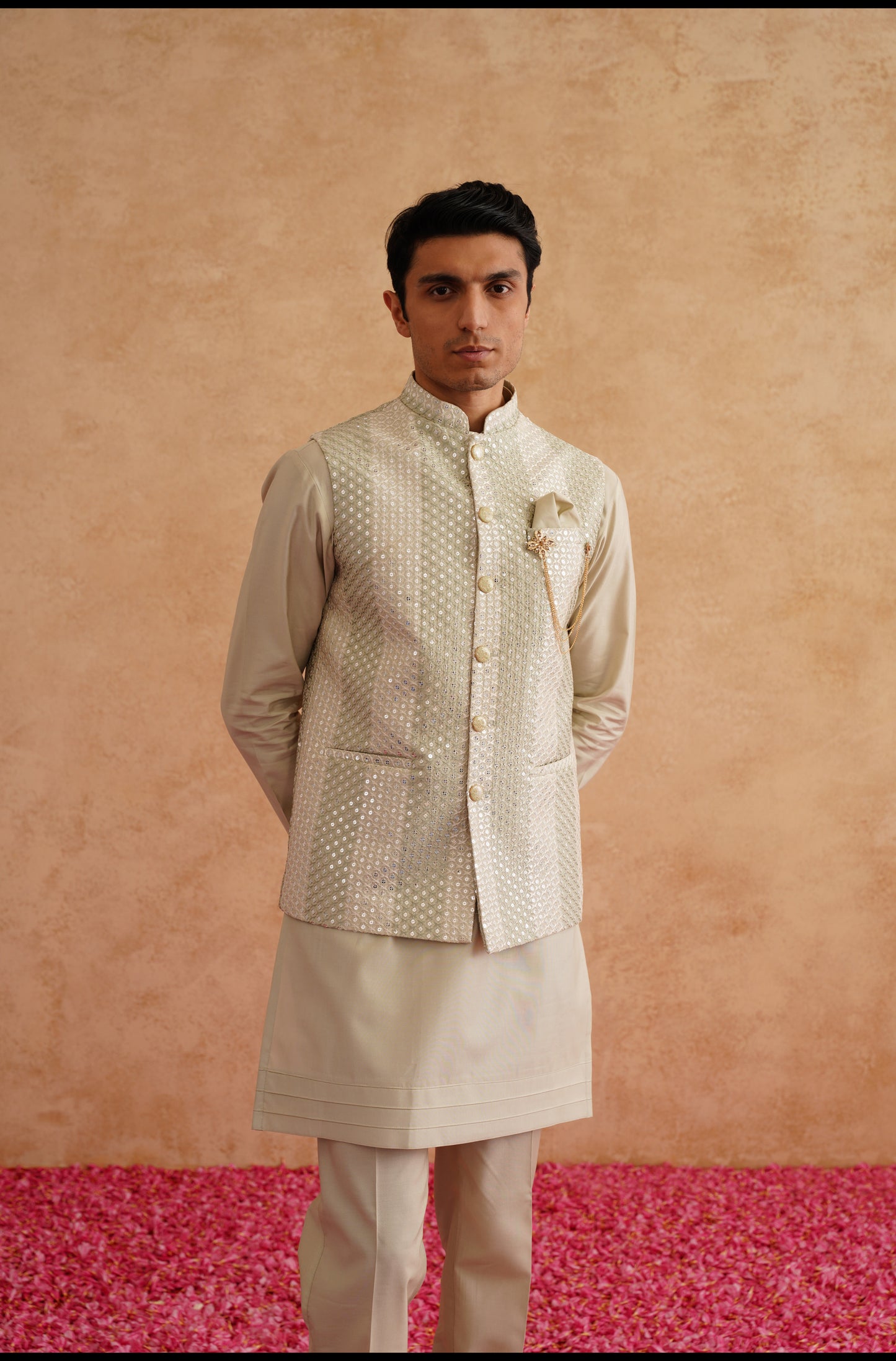 Light Green Sequins And Thread Embroidered Waistcoat Kurta Set
