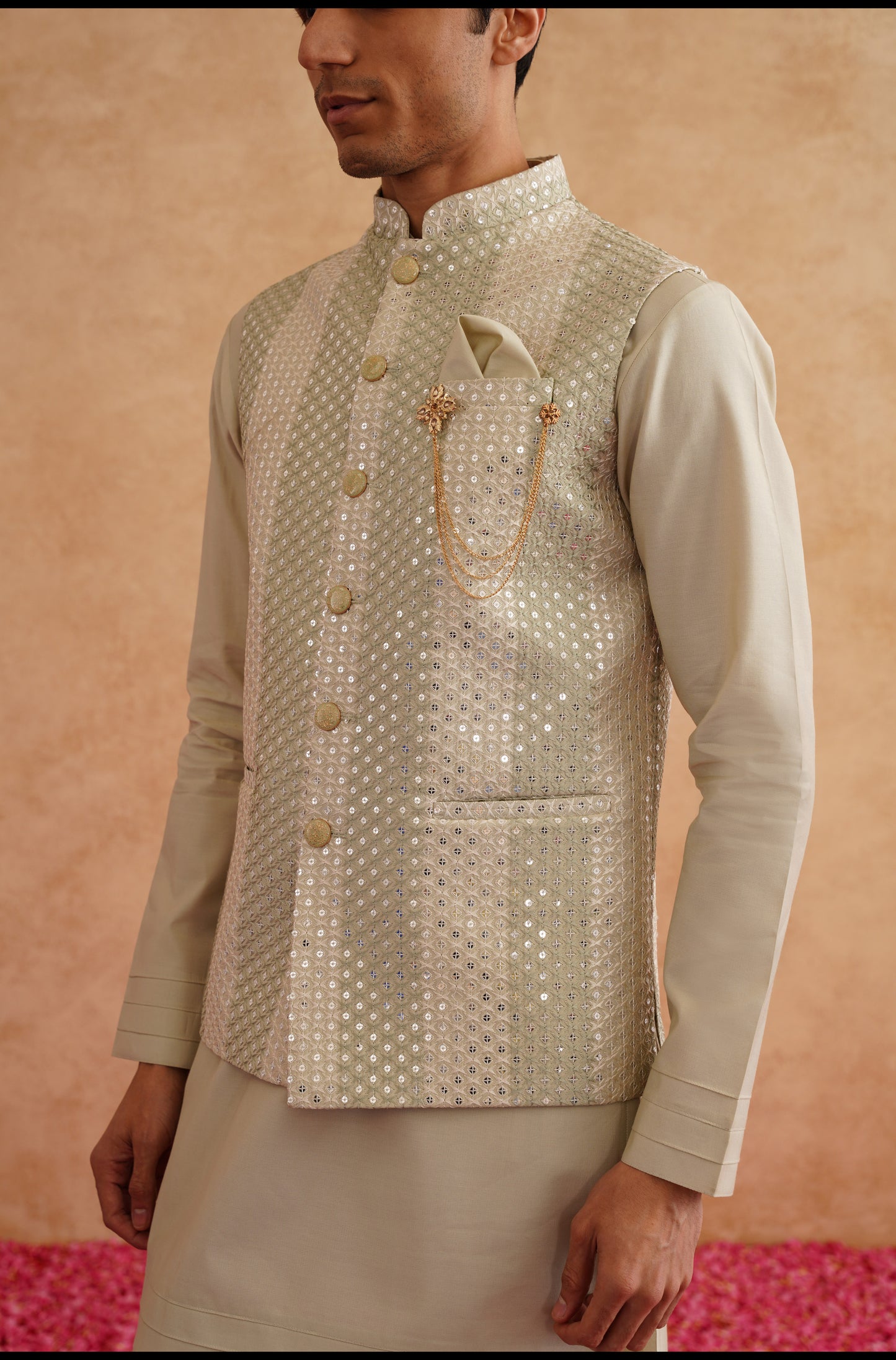 Light Green Sequins And Thread Embroidered Waistcoat Kurta Set