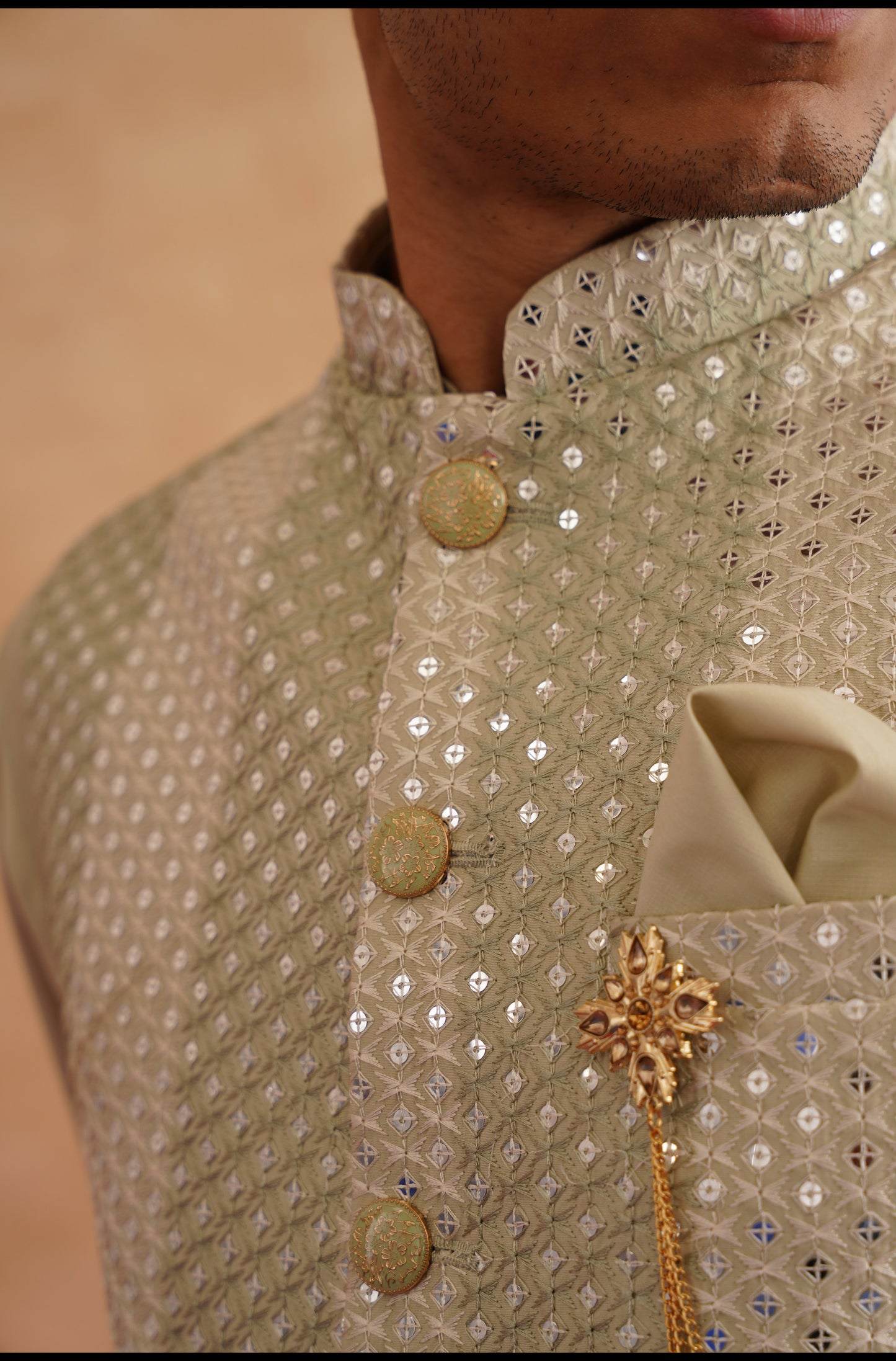 Light Green Sequins And Thread Embroidered Waistcoat Kurta Set