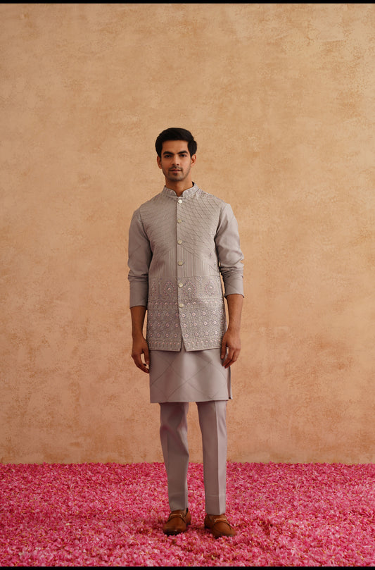 Grey Thread And Sequins Embroidered Waistcoat Kurta Set
