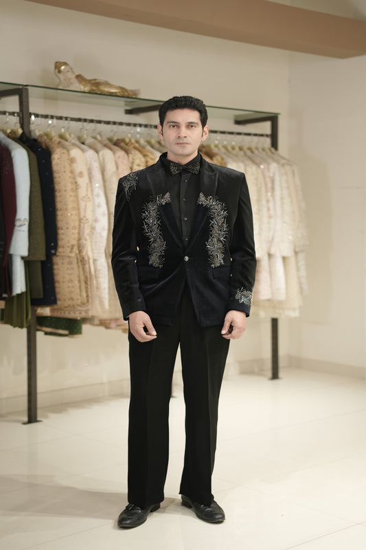 Black and Navy Velvet Hand Embroidered Tuxedo Suit