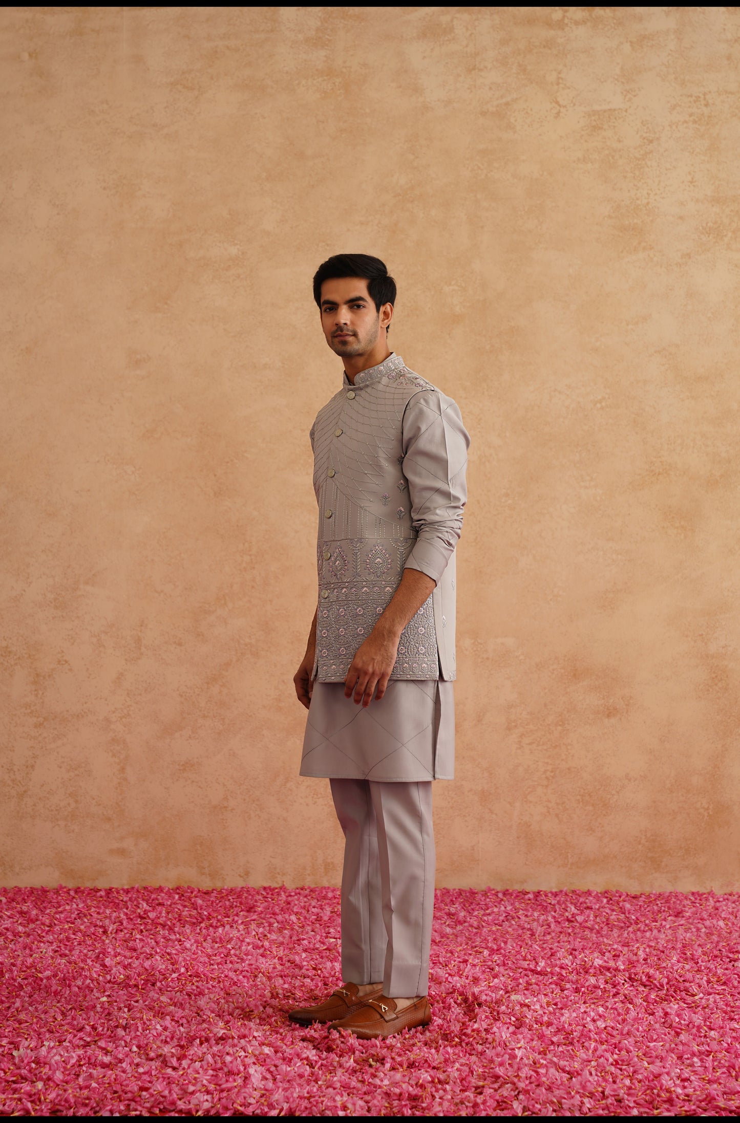 Grey Thread And Sequins Embroidered Waistcoat Kurta Set