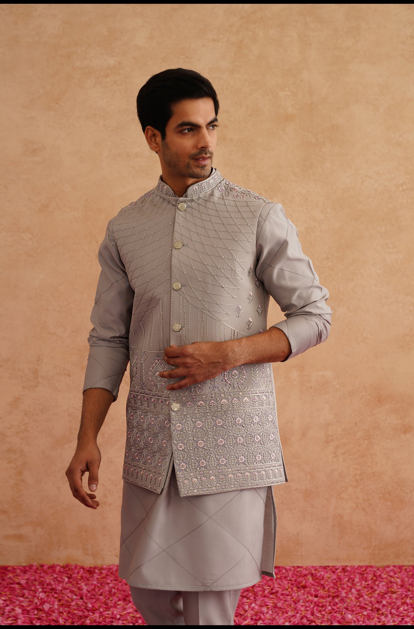 Grey Thread And Sequins Embroidered Waistcoat Kurta Set