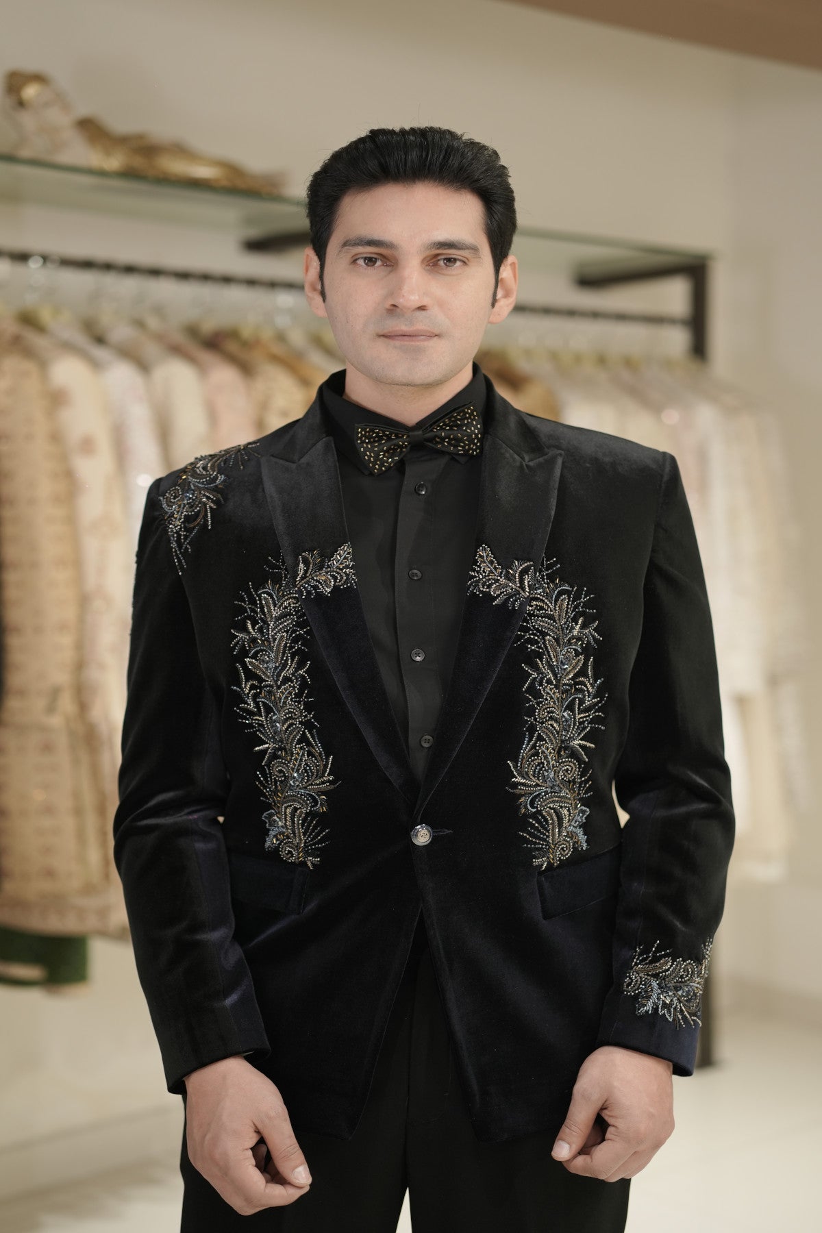 Black embroidered tuxedo suit shop online