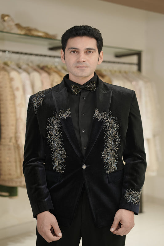 Black embroidered tuxedo suit shop online