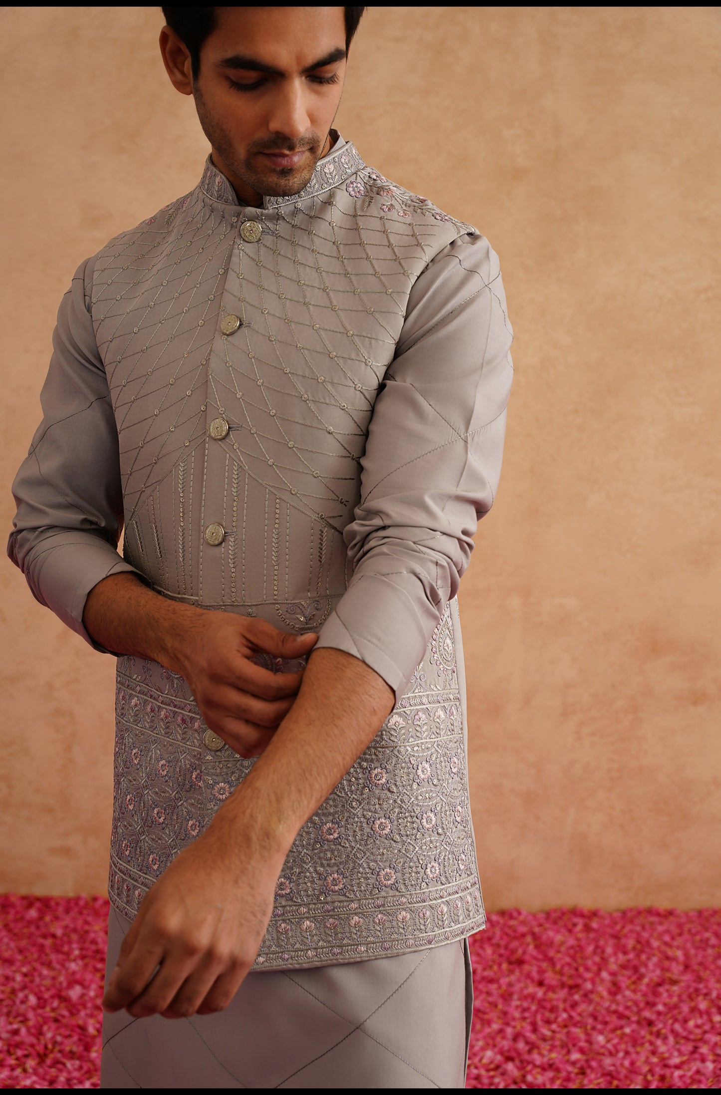 Grey Thread And Sequins Embroidered Waistcoat Kurta Set