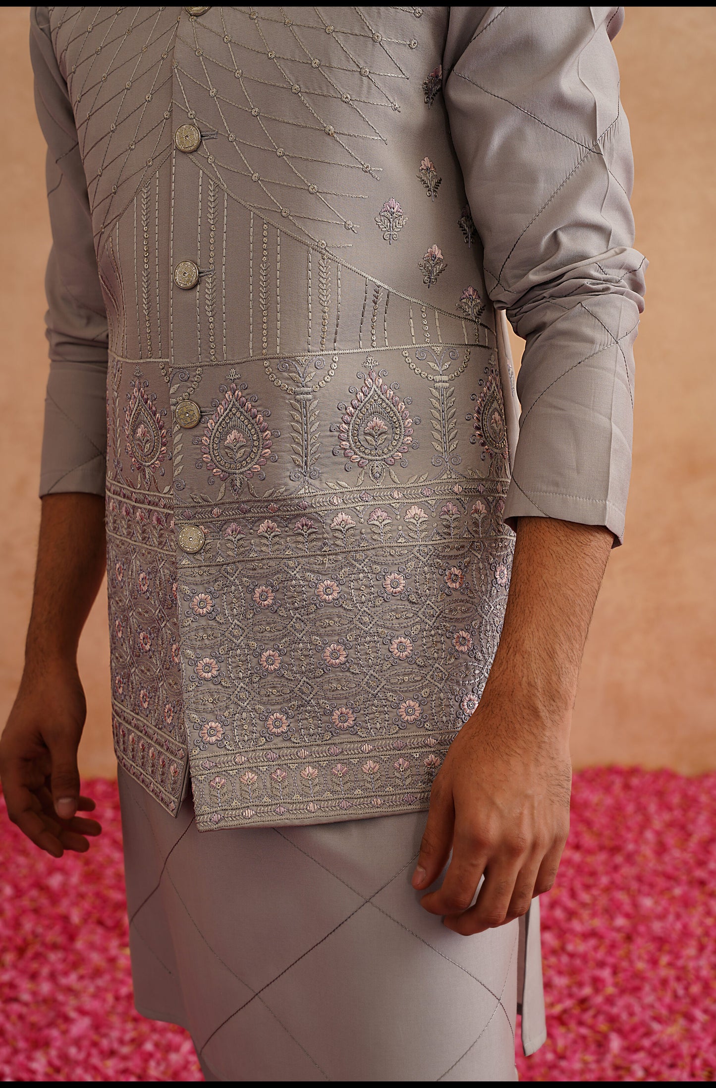 Grey Thread And Sequins Embroidered Waistcoat Kurta Set