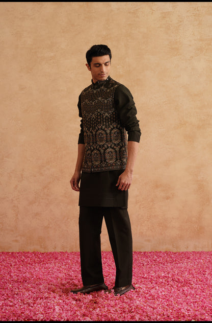 Seaweed Green Hand Embroidered Waistcoat Kurta Set