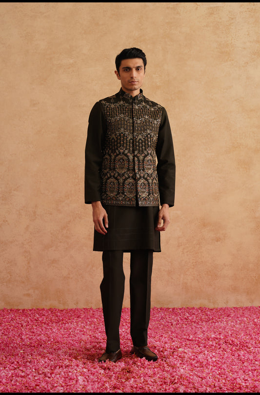 Seaweed Green Hand Embroidered Waistcoat Kurta Set