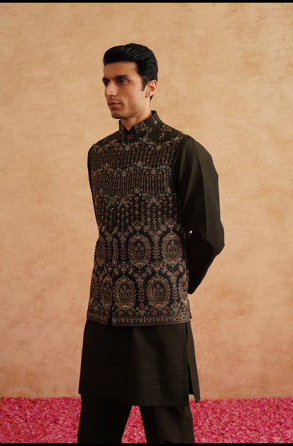 Seaweed Green Hand Embroidered Waistcoat Kurta Set