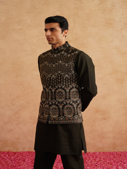 Seaweed Green Hand Embroidered Waistcoat Kurta Set