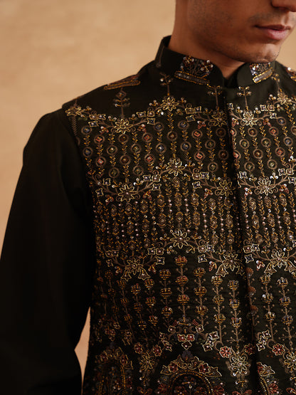 Seaweed Green Hand Embroidered Waistcoat Kurta Set