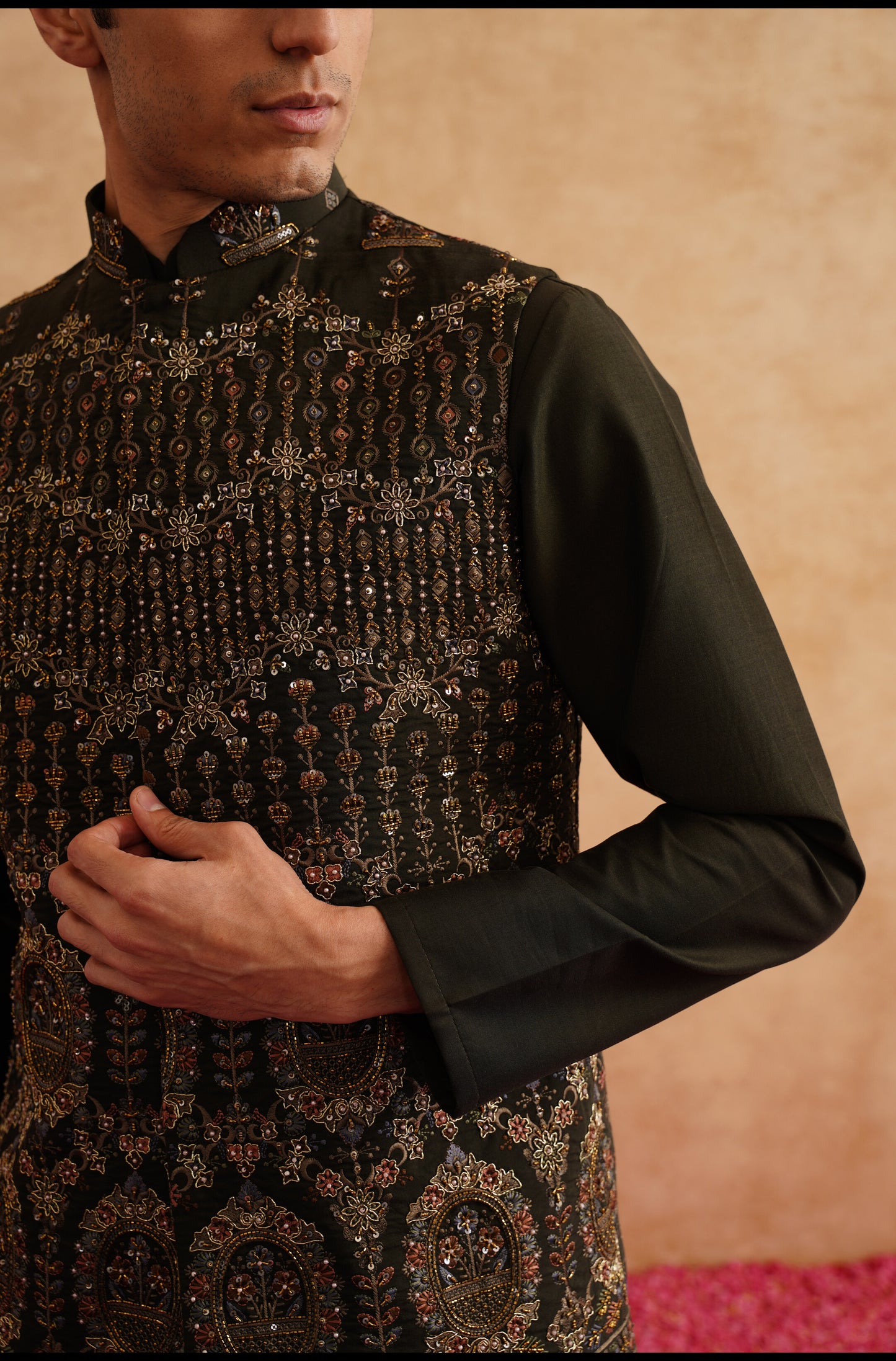 Seaweed Green Hand Embroidered Waistcoat Kurta Set