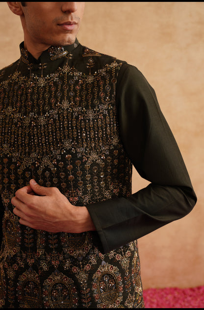 Seaweed Green Hand Embroidered Waistcoat Kurta Set